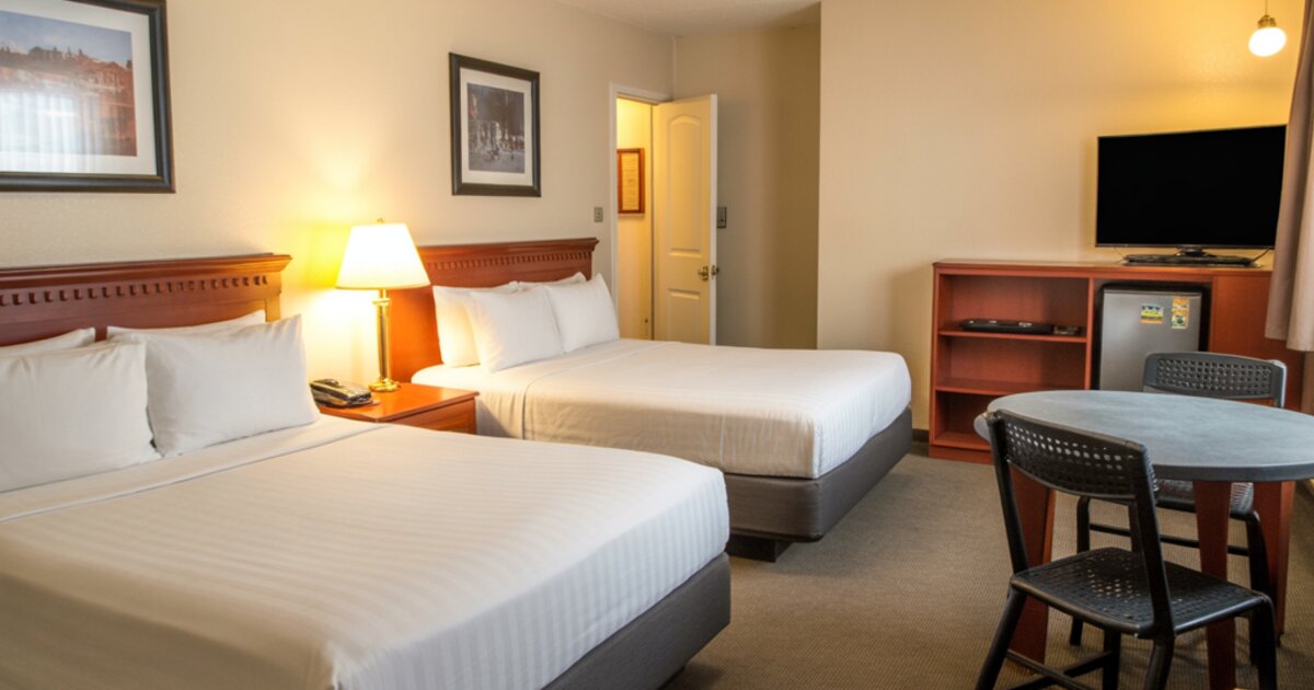 Clean motel double room with two beds, nightstands, and wall-mounted TV